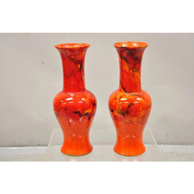 Vintage Red Lava Drip Glazed Mid Century Modern Ceramic Pottery Vessel Vase Pair For Sale - Image 11 of 11