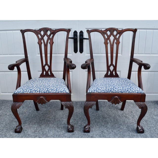 Brown Antique Pair Mahogany Armchairs Chippendale Style Carved Ball Claw Foot Dining For Sale - Image 8 of 18