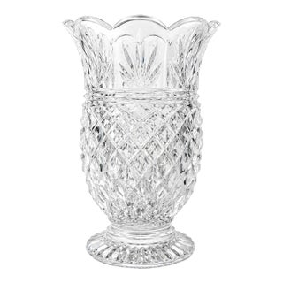 Vintage Heavy Crystal Pineapple Pattern Footed Vase With Scalloped Rim For Sale