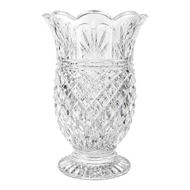 Vintage Heavy Crystal Pineapple Pattern Footed Vase With Scalloped Rim For Sale