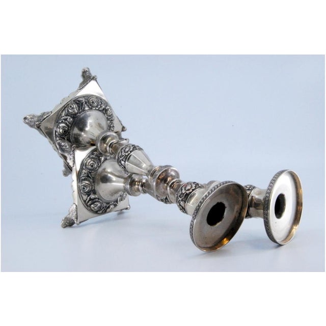 Metal Silver Candlesticks with Turned Stems and Embossed Floral Motifs, Set of 2 For Sale - Image 7 of 12