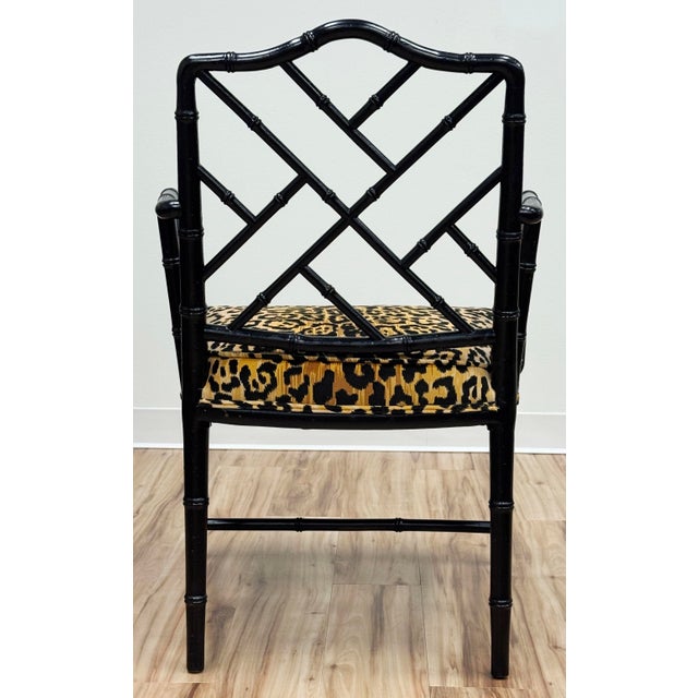 Textile Vintage Chippendale Style Black Faux Bamboo Arm Chair W/ Leopard Print Velvet Upholstery For Sale - Image 7 of 11