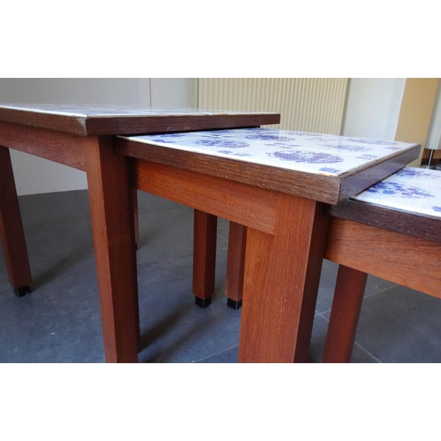 Wood Vintage Wood Cigognes Nesting Tables with Blue Ceramic Tiles, 1950s, Set of 3 For Sale - Image 7 of 14
