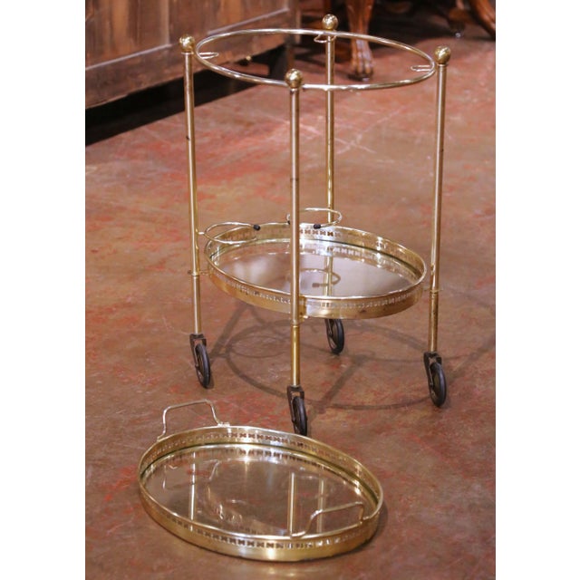 Mid-Century French Brass and Glass Two-Tier Bar Cart on Casters For Sale In Dallas - Image 6 of 10