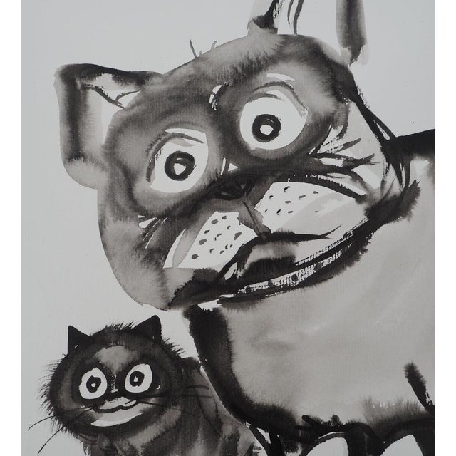 Laszlo Tibay (1962) Dog and his friend the cat Original ink and wash drawing Signed upper right Authenticated by the...