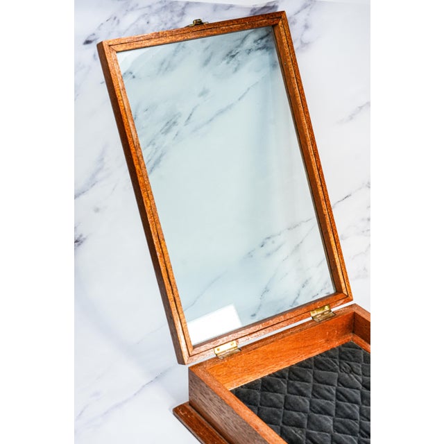Classic Antique Oak Wood Display Case With Glass Top Velvet Lining Showcase Box For Sale - Image 4 of 14