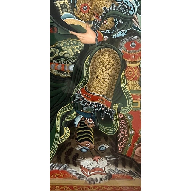 Chinoiserie General Guan Yu and Retainers, Mid Century Chinese Reverse Painting on Glass, Rosewood Frame For Sale - Image 3 of 12