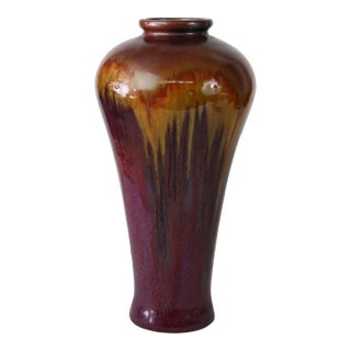 Antique American Art Pottery Large 19” Vase Flambe Drip Luster Glaze Arts Crafts For Sale