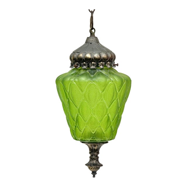 Vintage Mid-Century Optic Green Glass Lantern For Sale