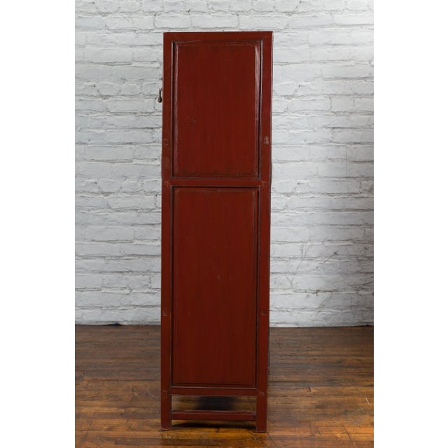 Mid 19th Century Red Lacquer Cabinet With Multiple Carved Doors From China, Mid-19th Century For Sale - Image 5 of 12