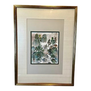 Vintage Mid-Century Asian Mountain Landscape Painting by C. Fung Miller - Gold Framed For Sale