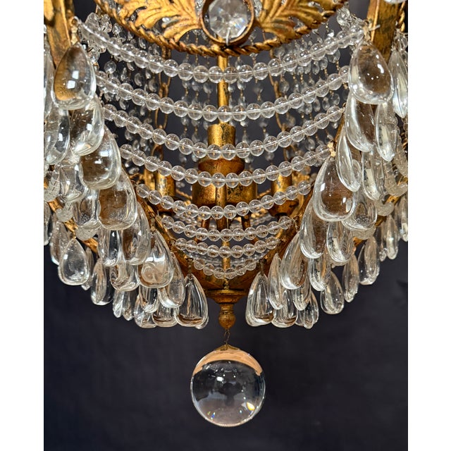 Glass Mid 20th Century Hollywood Regency Gilt Metal & Crystal Beaded Basket Chandelier For Sale - Image 7 of 9