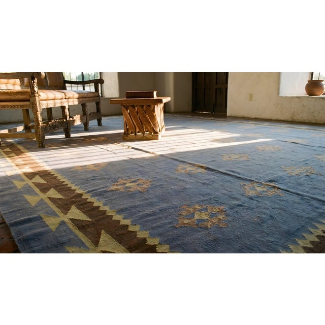1930s Blue Gray Diamond Antique Indian Cotton Dhurrie Carpet Flatweave Large Rug For Sale - Image 16 of 17