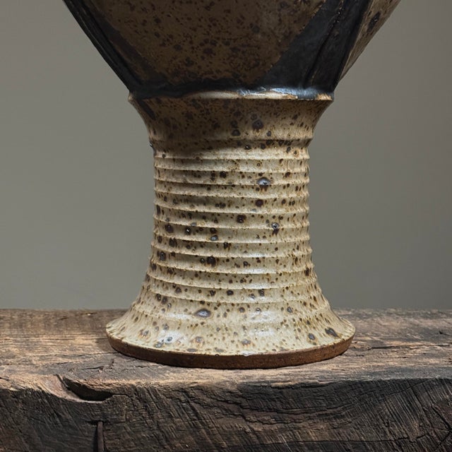 Vintage Monumental Modernist Sculptural Shino Glazed Ceramic Pedestal Vessel, Signed For Sale - Image 9 of 10