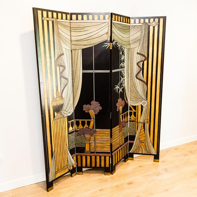 1960s Hollywood Regency Chinoiserie Black Lacquer & Gilt Four-Panel Room Divider For Sale - Image 9 of 15