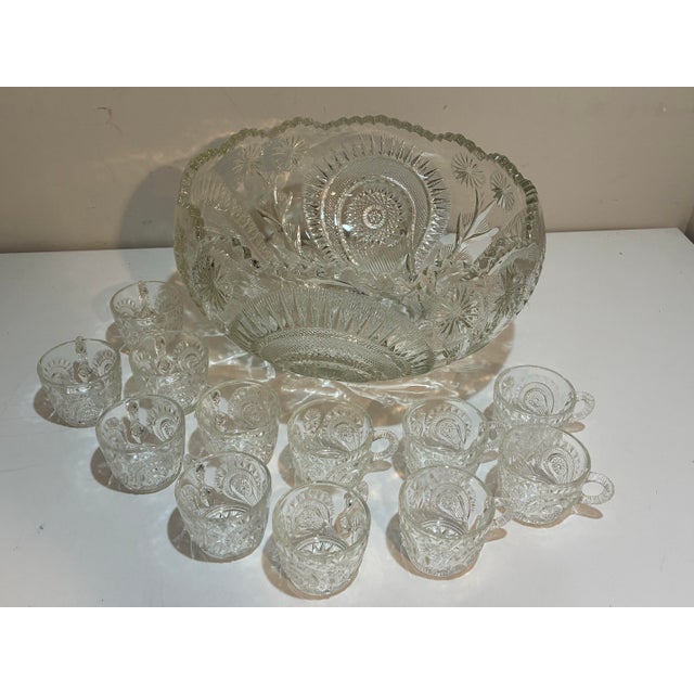 Early 20th Century Vintage Glass Punch Bowl Set - 12 Cups - Glass Ladle - 14 pcs For Sale - Image 5 of 12