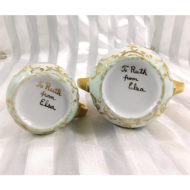 1940s Pale Blue Signed Hand Painted Teapot Sugar Bowl and Creamer Set For Sale - Image 9 of 17