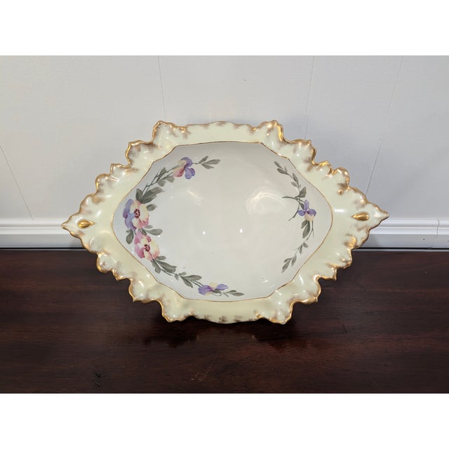 Vintage Hand-Painted Hollywood Regency Porcelain Centerpiece Bowl With Gilt Trim & Floral Motif For Sale - Image 9 of 13