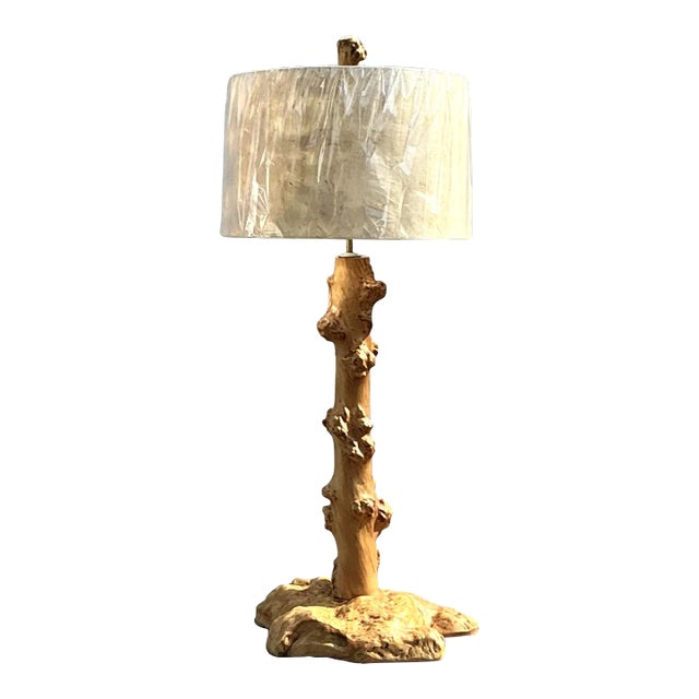 Vintage Burl Knot Table Lamp With Coordinating Wood Shade For Sale