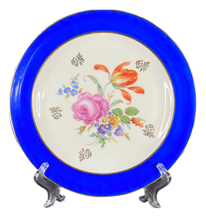 Mid-Century Porcelain Collection Plate with Blue Rim and Flowers from Limoges, France