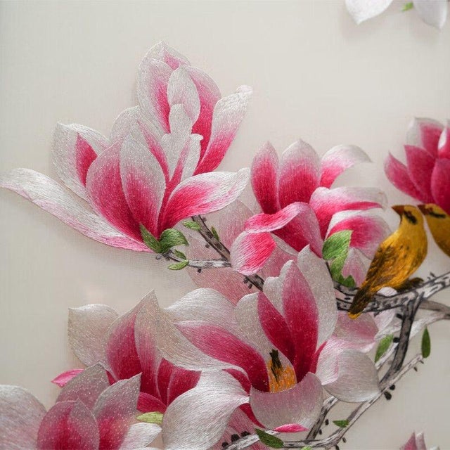 Handmade Suzhou Embroidery “Golden Abundance” Magnolia Blossom Artwork – Luxury Silk Embroidered Decorative Wall Art For Sale - Image 9 of 10