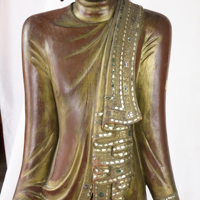 20th Century Thai Burmese Mandalay Style Standing Wooden Buddha Statue on Black Base For Sale In New York - Image 6 of 11