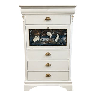 Mid 20th Century Betty Cameron for Lexington White Tall Chest With Decoupaged Heron Scene For Sale