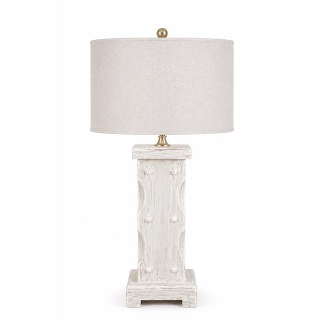 Linen 1970s Coastal Breeze Limewashed Column Table Lamps — 16” Linen Drum Shades, Brass Finials - a Pair For Sale - Image 8 of 8