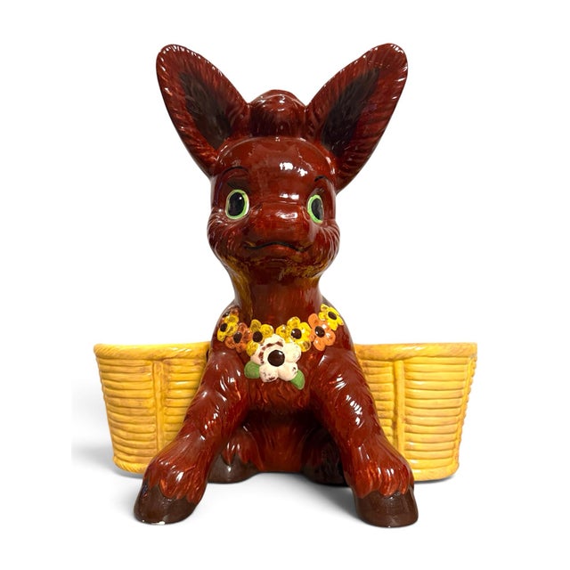 Mid-Century Modern Vintage Mid-Century Ceramic Donkey Double Planter With Basket Planters For Sale - Image 3 of 8