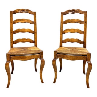 Late 20th Century Distressed French Country Dining Side Chairs W/ Rush Seats - Pair B For Sale