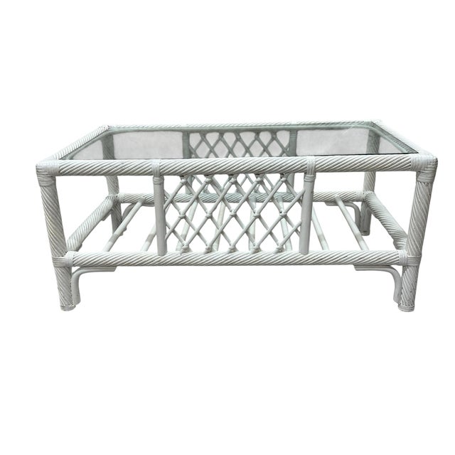 Vintage Twisted Pencil Rattan Post Modern in the Style of Ficks White W/ Glass Top Coffee Table For Sale - Image 4 of 4