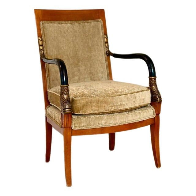 Late 20th Century Neoclassical Style Armchair in Champagne Chenille Velvet With Gilt Fish Motifs For Sale