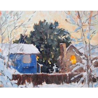 A New Day by Lorenzo Chavez | Oil Painting of a snowy landscape with houses at dawn For Sale