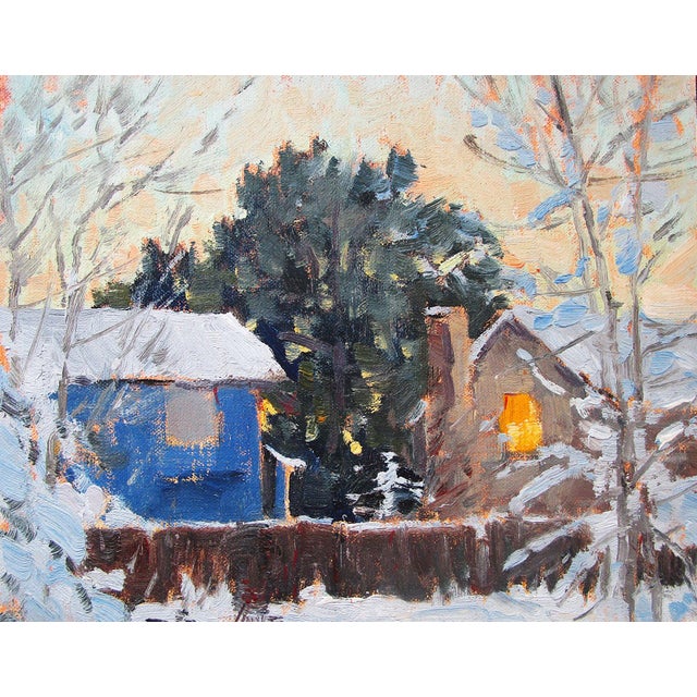 A New Day by Lorenzo Chavez | Oil Painting of a snowy landscape with houses at dawn For Sale