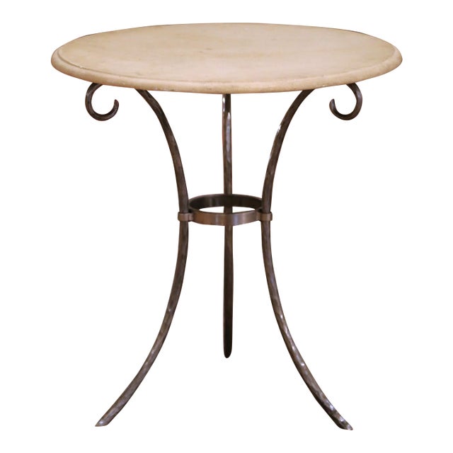 Late 20th Century French Wrought Iron Bistrot Table With Limestone Top For Sale