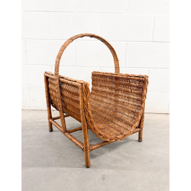 Mid-Century Modern Vintage Wicker Footed Basket With Braided Edge Firewood and Magazine For Sale - Image 3 of 8