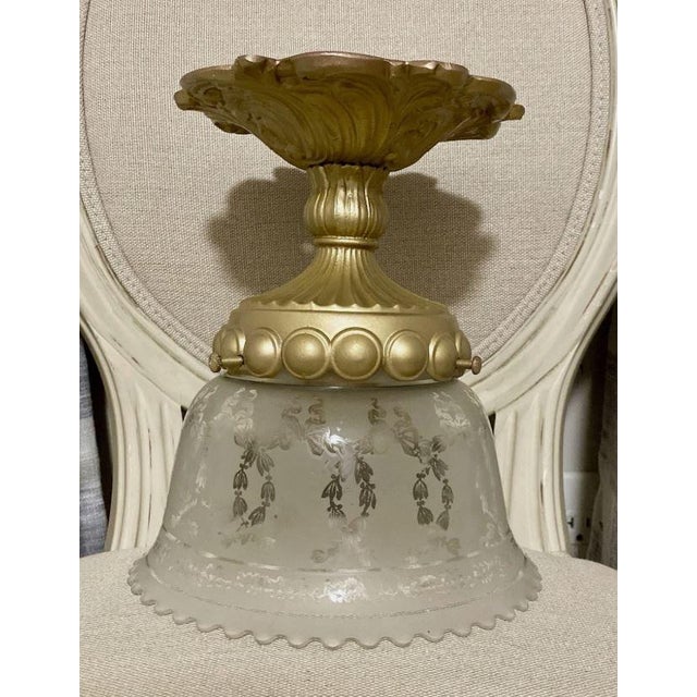 Brass Vintage Victorian Style Brass Celling Light Flush Mount With Etched Shade For Sale - Image 8 of 8