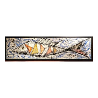 Mid-Century Modernist Painting of Stylized Fish and Sailfish Yachts For Sale