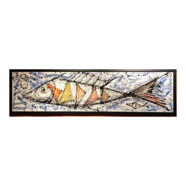 Mid-Century Modernist Painting of Stylized Fish and Sailfish Yachts For Sale