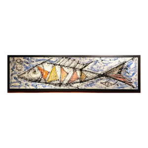 Mid-Century Modernist Painting of Stylized Fish and Sailfish Yachts