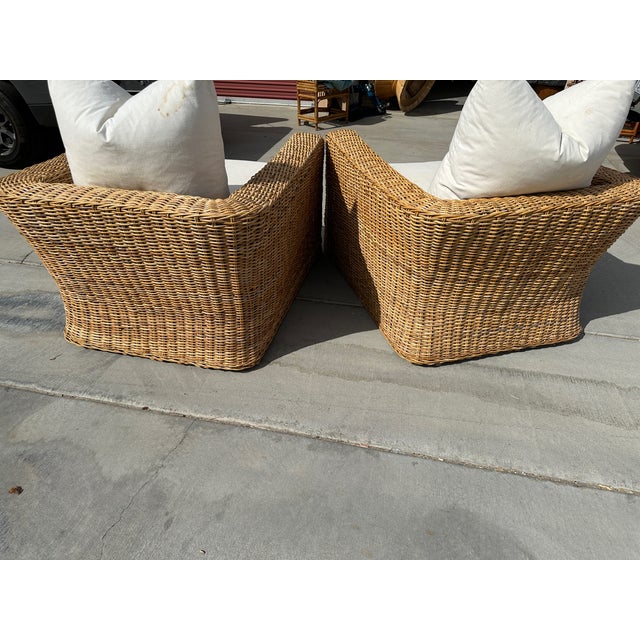 Tan Pair of Michael Taylor Style Oversized Woven Rattan Lounge Chairs For Sale - Image 8 of 12