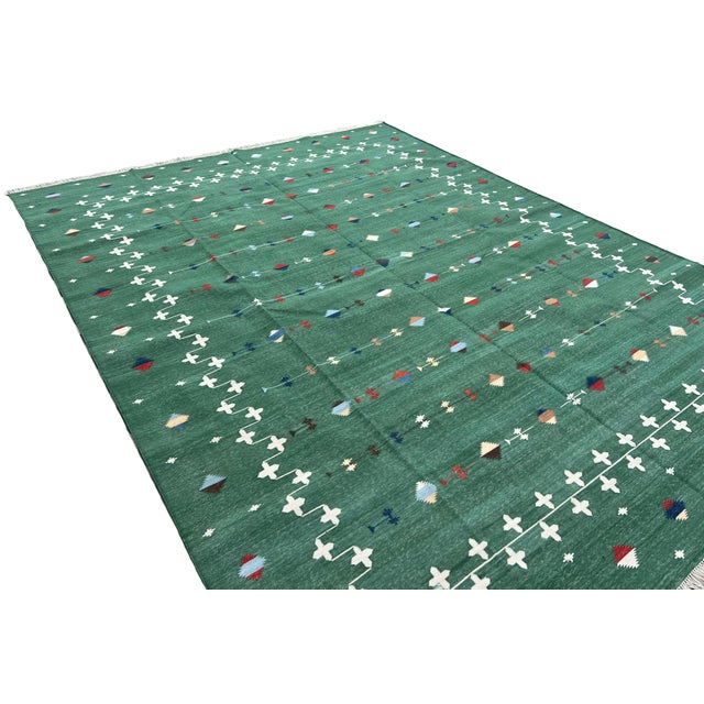 Handmade Cotton Area Rug, Vegetable Dyed, Forest Green Shooting Star Dhurrie -9'x12' For Sale - Image 10 of 14