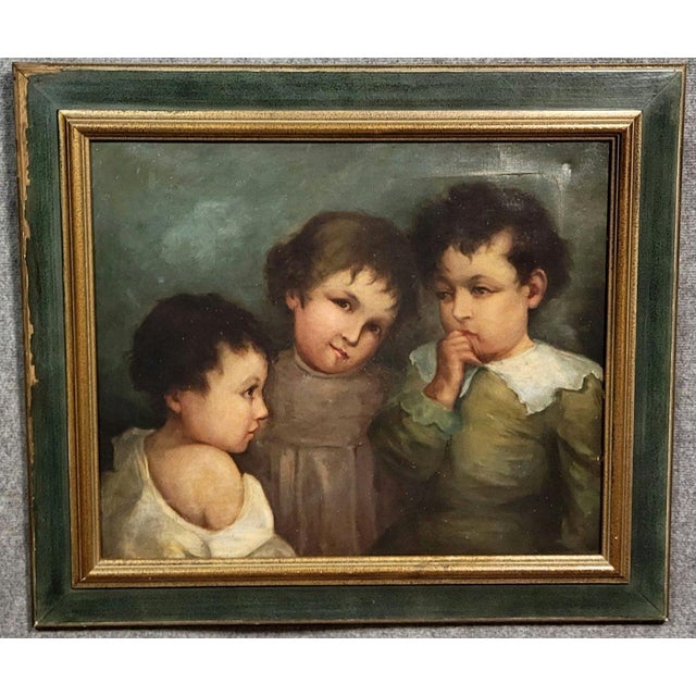 Large oil on canvas, circa 1900-1920: The Three Children Old restoration Framed, 70 x 81 cm