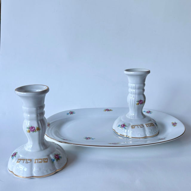 1950s Vintage German Winterling Porcelain Shabbat Candlesticks With Matching Tray, Set of 3 For Sale - Image 5 of 12