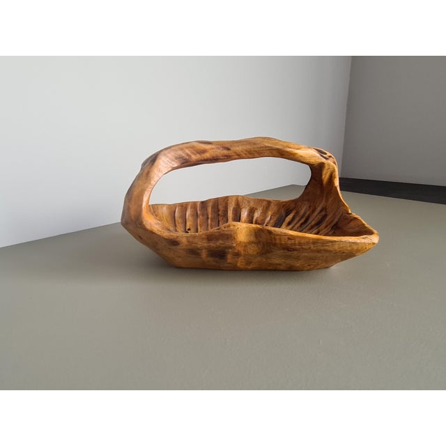 Vintage Brutalist French Hand Carved Wood Basket Bowl Organic Centerpiece, 1950 For Sale - Image 3 of 10