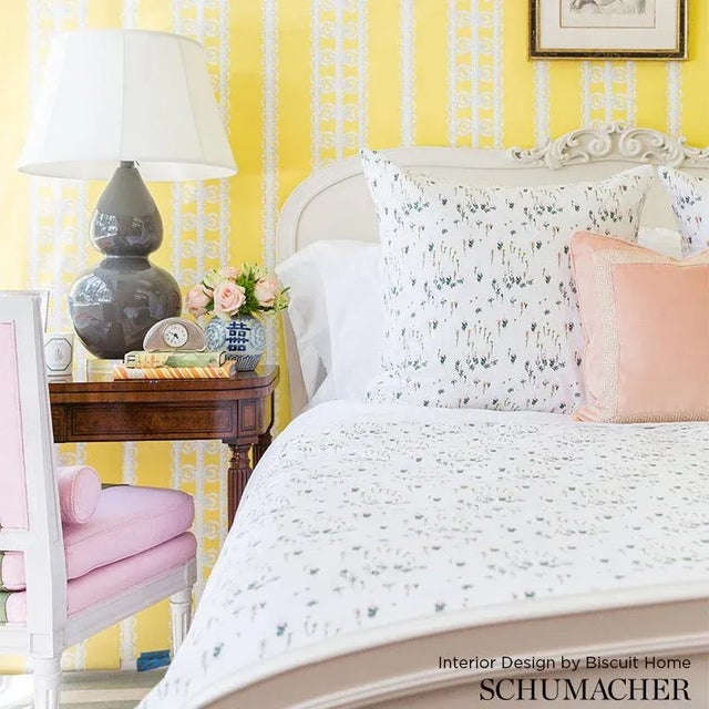 Inspired by vintage wicker details, this whimsical stripe is a play on trelliswork. The hand-painted, chalky white pattern...