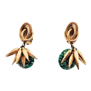 Vintage 1960s Jewels by Julio Goldtone Green Art Glass Tassel Clip Earrings - 2 Pieces