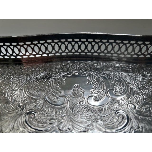 Vintage Sheffield England Rimmed Silver Plated Copper Tray For Sale - Image 11 of 18