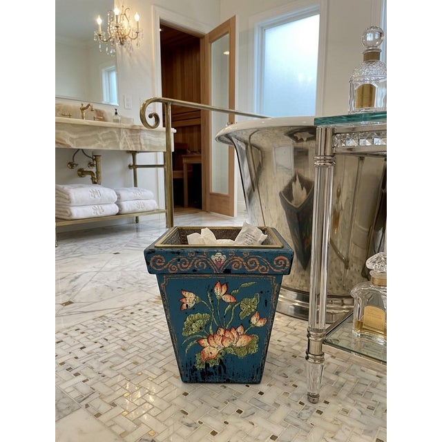 Vintage Balinese Hand-Painted Wood Cachepot or Trash Can | Teal & Lotus Motif For Sale In West Palm - Image 6 of 9