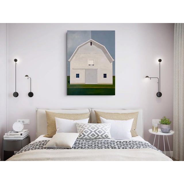 North of Eden by Justin Wheatley | Acrylic on Canvas White Barn With Green Field For Sale In Denver - Image 6 of 11